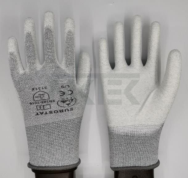 ESD disipatívne sivé rukavice, končeky prstov a dlane potiahnuté PU