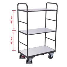 ESD antistatický policový vozík VARIOFIT, 3 police - 2 prestaviteľné, 1200 x 800 mm, 250 kg - vysoký rám
