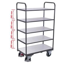 ESD antistatický policový vozík VARIOFIT, 5 políc - 4 prestaviteľné, 1200 x 800 mm, 250 kg - vysoký rám