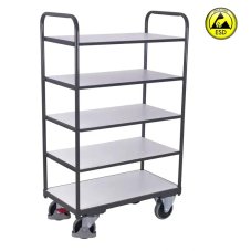 ESD antistatický policový vozík VARIOFIT, 5 políc - 4 prestaviteľné, 1200 x 800 mm, 250 kg - vysoký rám