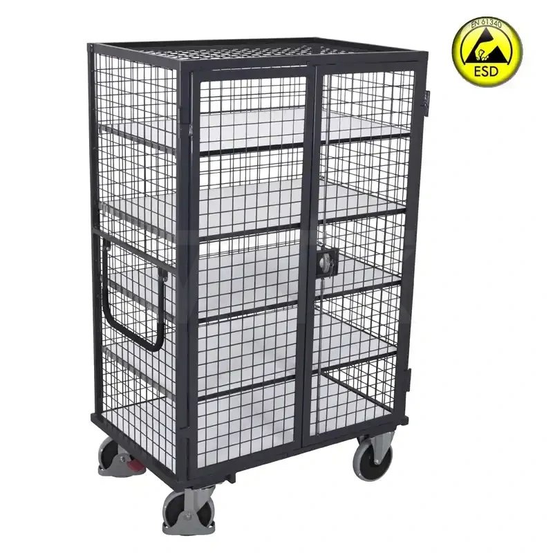 ESD antistatický skriňový vozík s policami VARIOFIT, s dverami, 1315 x 830 x 1810 mm - steny zo sieťoviny, uzamykateľný